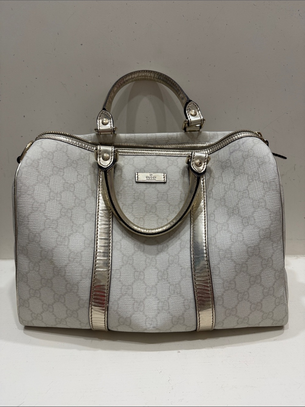 Authentic Gucci Joy Boston Bag with Metallic Silver Trim